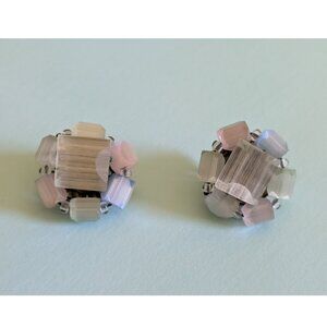 Vintage Pastel Beaded Cluster Clip On Earrings, Retro 60s Style